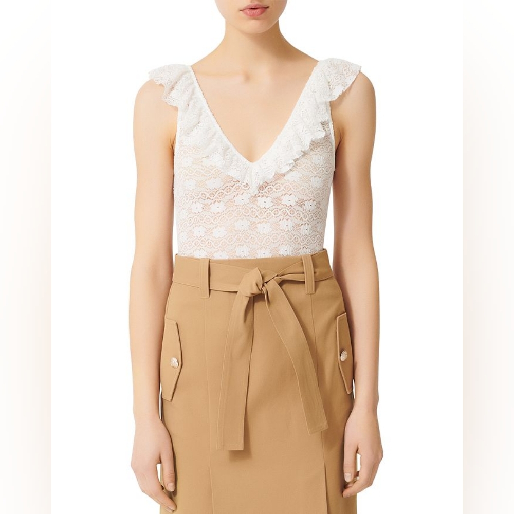 Maje Bodysuit Lodi White Lace Ruffle V-Neck Sleeveless Sheer NEW Size 3 US (L)